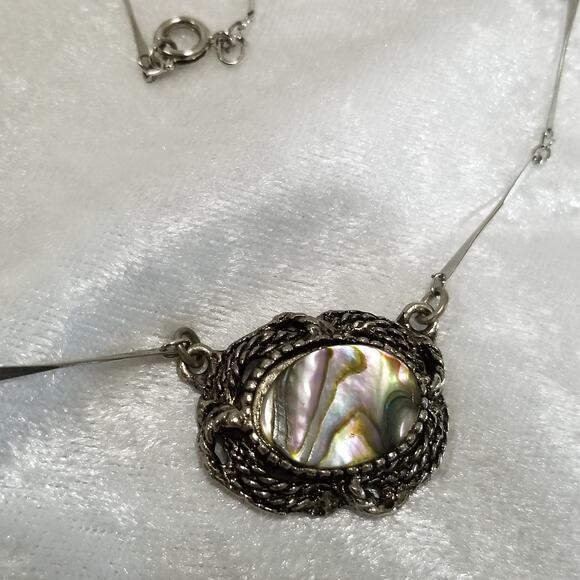 Vintage Abalone Mother of Pearl necklace 1"x3/4" 11913 - Picture 7 of 11